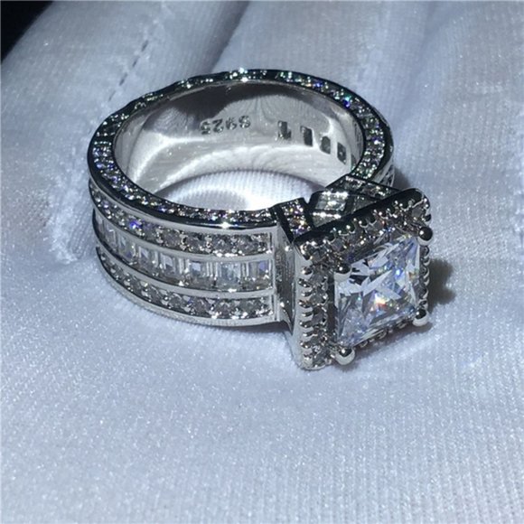 💞 Three Layer Full Zircon Square Anillos Princess Cut Rings for Women, PD194 - Picture 7 of 9